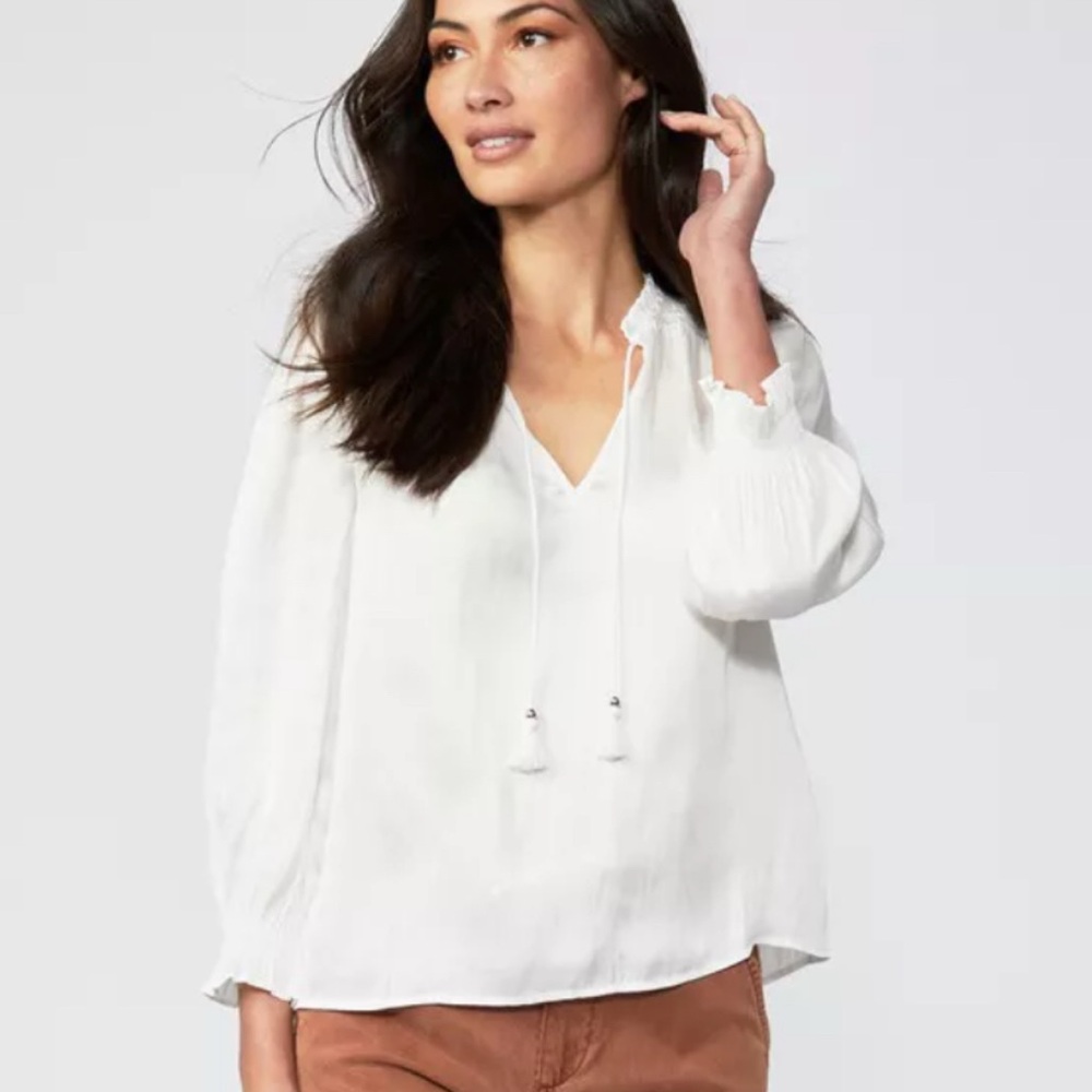 PAIGE White Tassel Tie Blouse • Boho Peasant V‑Neck • Smocked Yoke & Cuffs